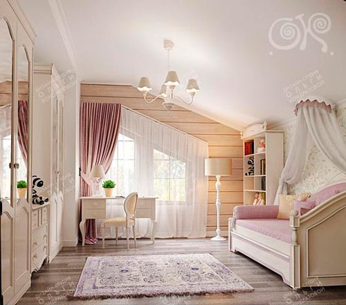 кровать с балдахином в комнате для девочек на мансарде