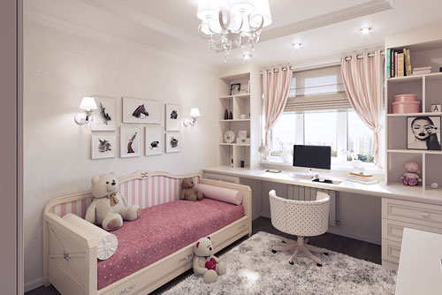 классическая детская комната для девочки в бело-розовом цвете со столом у окна