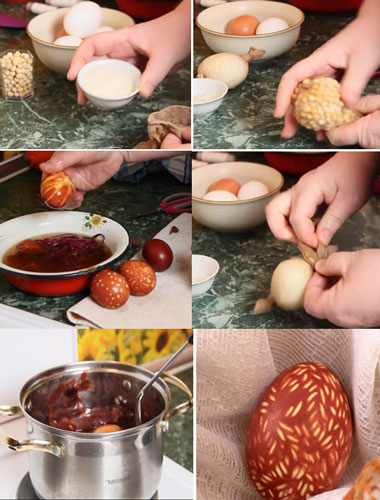 как красить яйца на Пасху луковой шелухой с рисунком