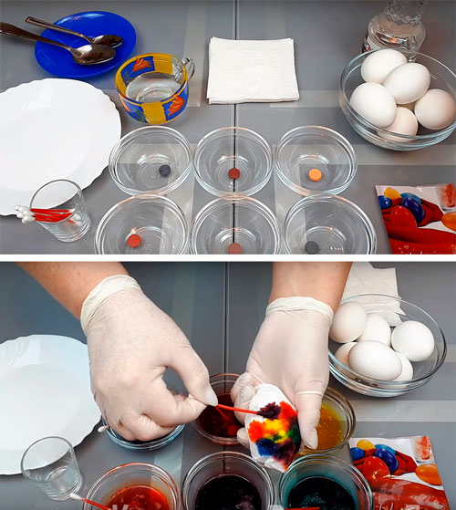 покрасить яйца в салфетке с красителями