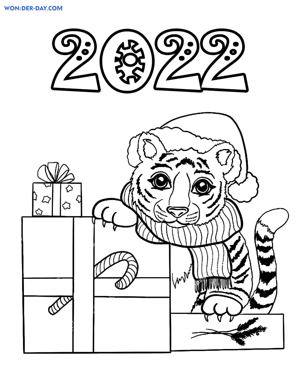 новогодняя раскраска тигр символ 2022 года 3