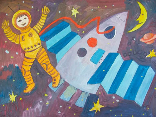 рисунок День Космонавтики красками 7