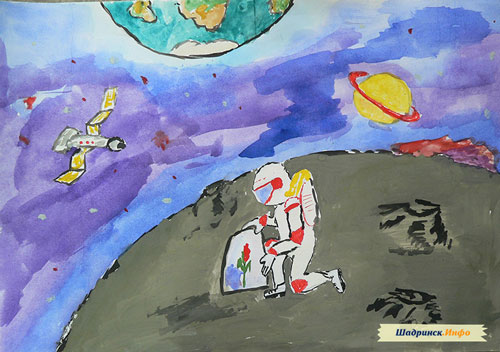 рисунок День Космонавтики красками 6