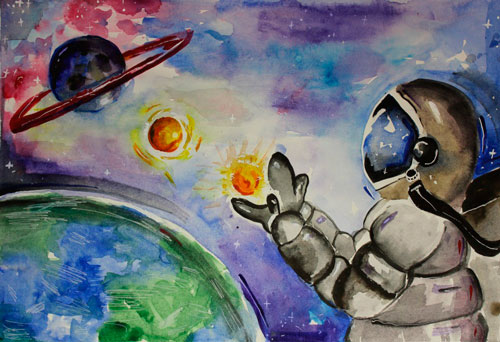 рисунок День Космонавтики красками 5