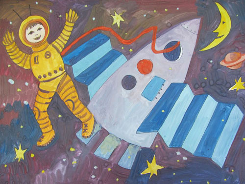 как легко нарисовать космонавта для детей красками 4