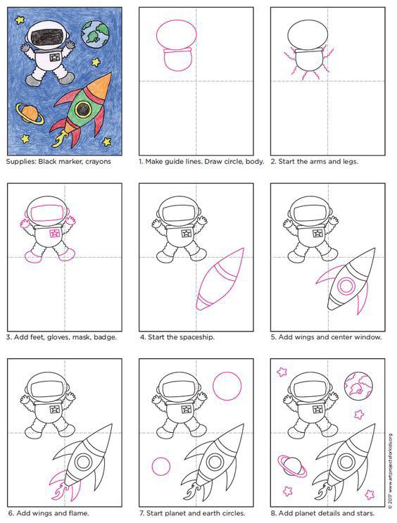 нарисовать космонавта ребенку поэтапно 3
