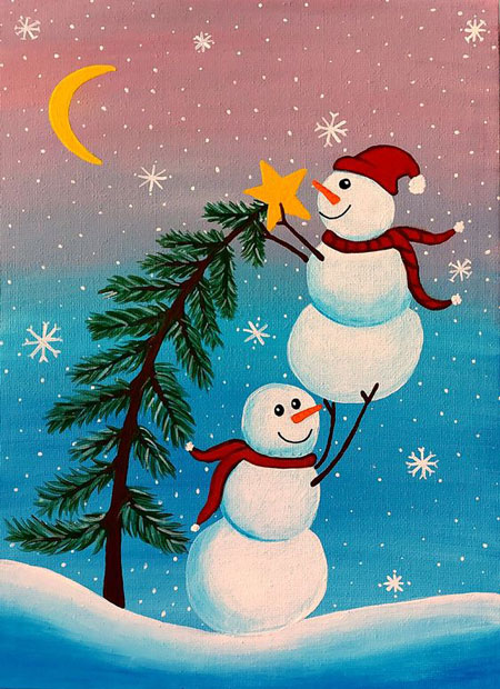нарисовать снеговика поэтапно красками легко и красиво 9