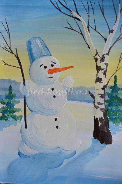 нарисовать снеговика поэтапно красками легко и красиво 8