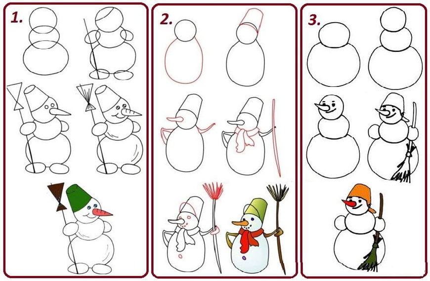 как нарисовать снеговика легко и просто для детей 3