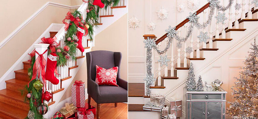 Новогоднее украшение лестницы: 30 идей праздничного декора