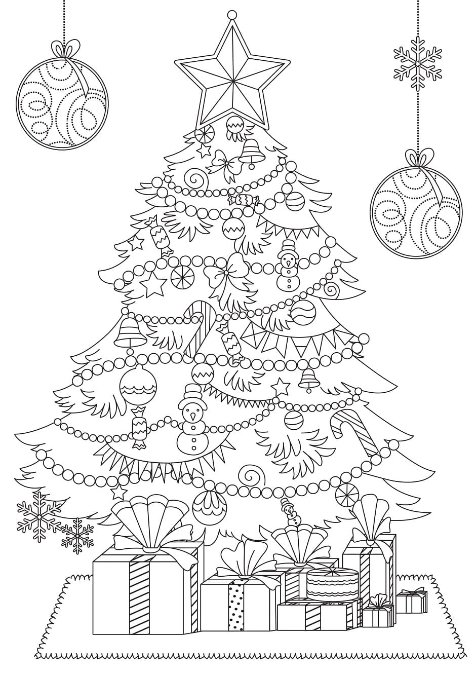 раскраска новогодняя елка с подарками для детей