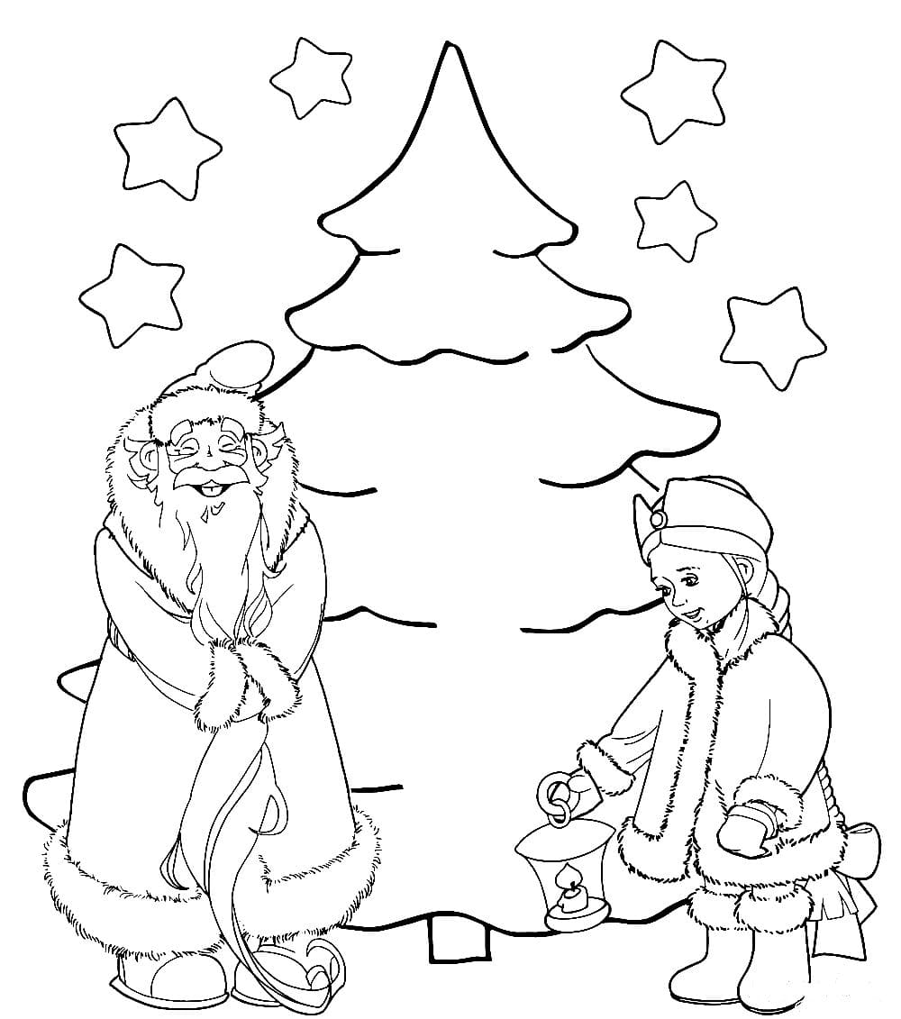 Раскраска новый год дед Мороз и Снегурочка и ёлка