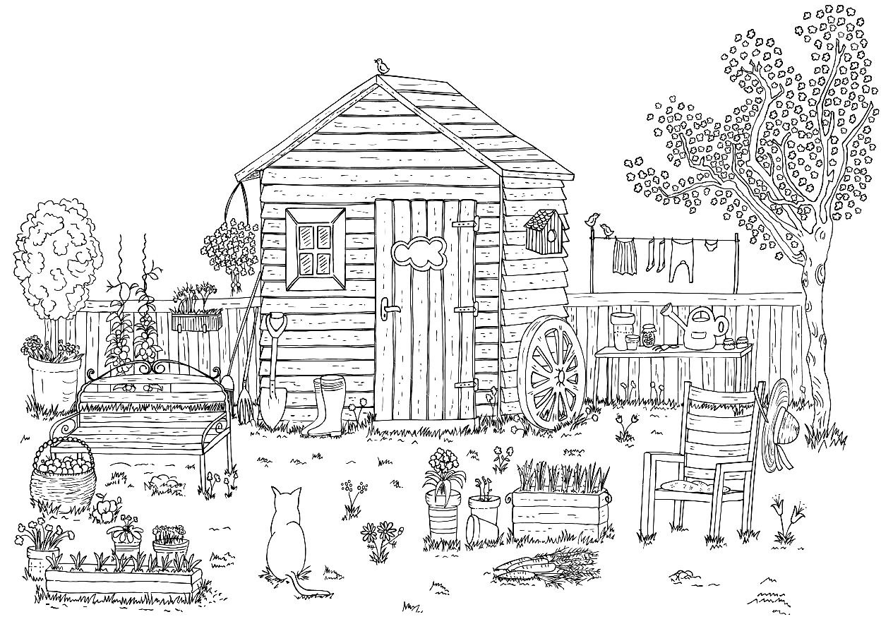 Раскраска деревенский домик с огородом