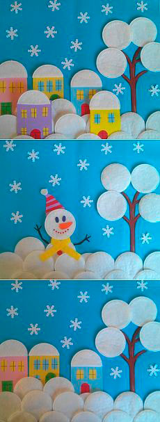 поделка снеговик из ватных дисков на картоне 9