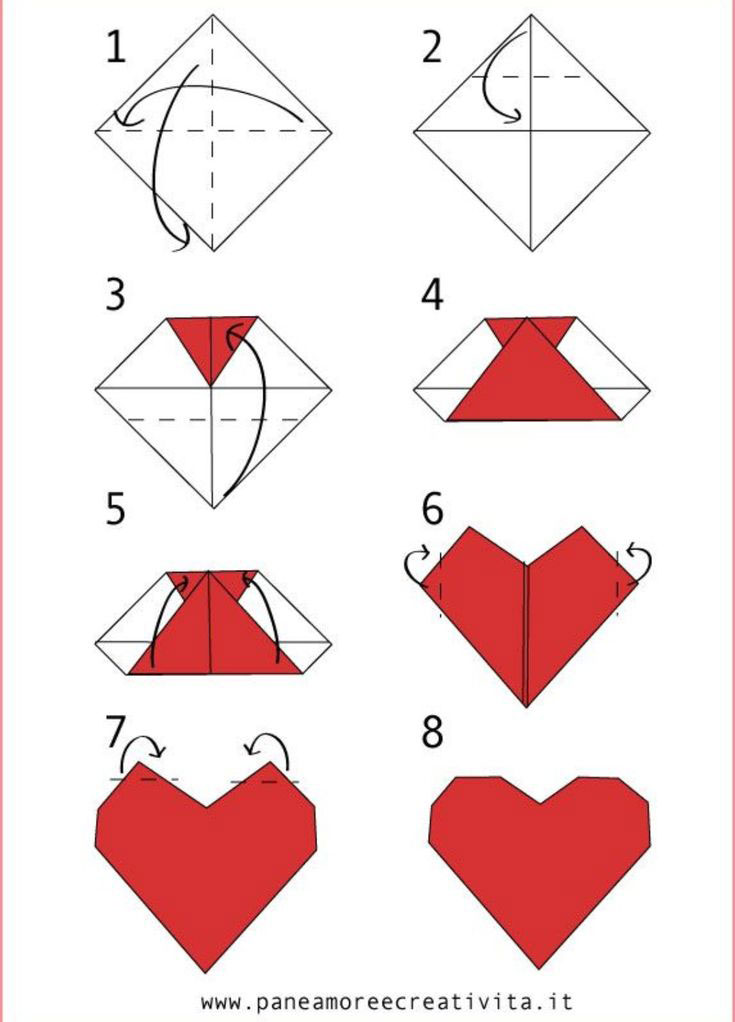 Легкие сердечки из бумаги. Оригами сердце схема пошагово. Оригами пошагово для начинающих сердце. Оригами сердечко из бумаги для детей. Как сложить сердце из бумаги.
