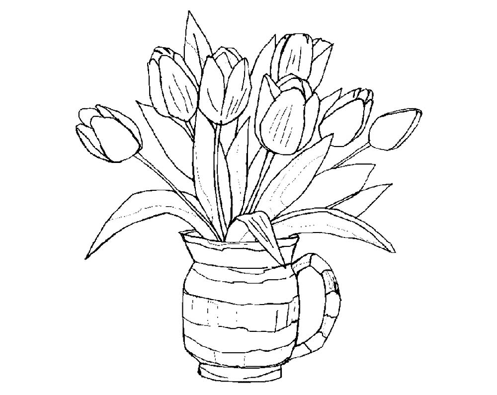 тюльпаны в вазе раскраска для детей в саду 6